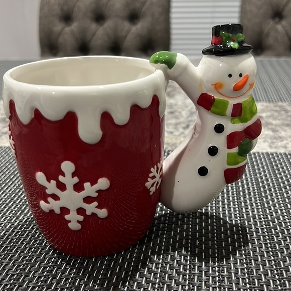 Retro Festive Christmas Snowman Snowflakes Sculpted Ceramic Large Holiday Mug - Picture 2 of 8